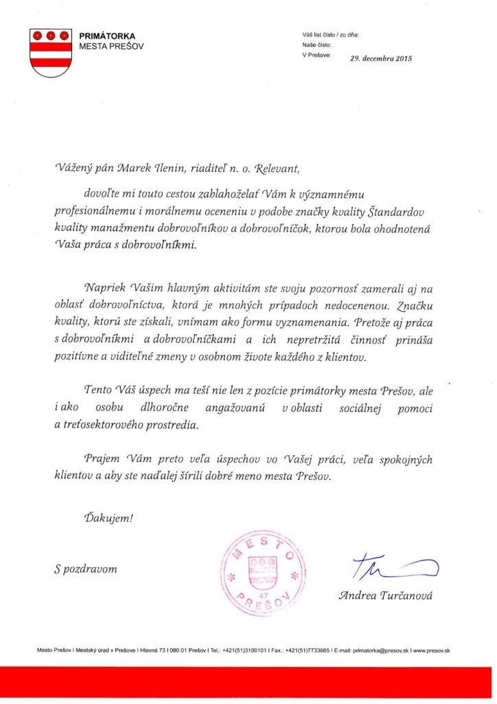 Blahoželanie primátorky Prešova k oceneniu
